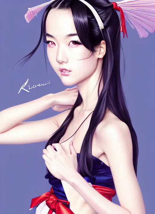 Prompt: glamorous and sexy japanese schoolgirl, beautiful, pearlescent skin, natural beauty, seductive eyes and face, elegant girl, lacivious pose revealing shoulder, very detailed face, seductive lady, sexy push up bras, pale and coloured kimono, photorealism, summer vibrancy, cinematic, a portrait by artgerm, rossdraws, Norman Rockwell, magali villeneuve, Gil Elvgren, Alberto Vargas, Earl Moran, Enoch Bolles, natural study, watercolor