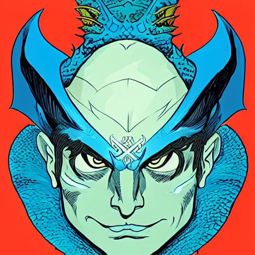 Image similar to head and shoulders portrait of a medieval d & d fantasy anthropomorphic blue dragon - headed sorcerer, comic book cover art by phil noto and frank miller