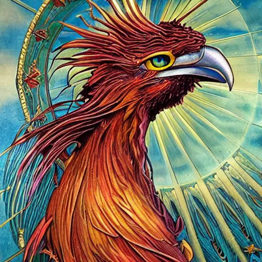 Image similar to portrait of Phoenix the mighty immortal bird made with burning feathers by Jeff Easley and Peter Elson + beautiful eyes, beautiful face + symmetry face + border and embellishments inspiried by alphonse mucha, fractals in the background, galaxy + baroque, gothic, surreal + highly detailed, intricate complexity, epic composition, magical atmosphere + masterpiece, award winning + trending on artstation