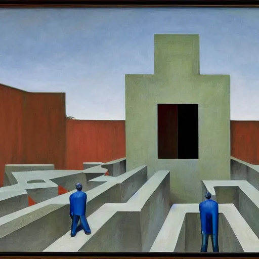 Image similar to first - person view of a stark concrete maze with people looking into portholes, ( grant wood ), pj crook, ( ( ( edward hopper ) ) ), oil on canvas