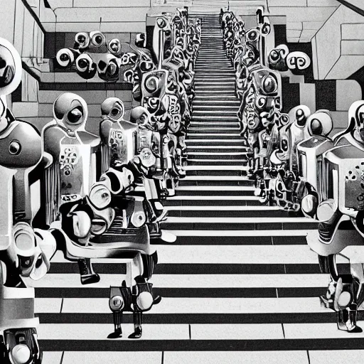 Image similar to robots marching on stairs by MC Escher