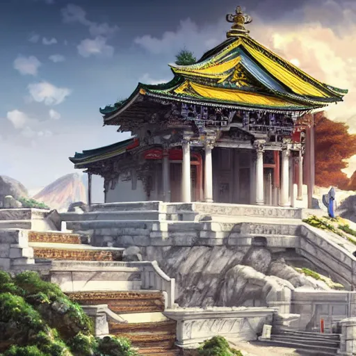 Image similar to concept art painting of a light marble temple on top of a mountain, with greek and japanese architecture, overlooking a valley with a village below, realistic, detailed, cel shaded, in the style of makoto shinkai and greg rutkowski and albert bierstadt and james gurney