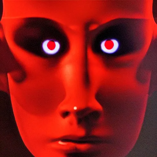 Prompt: a film still of a cyborg with glowing red eyes, artwork by caravaggio