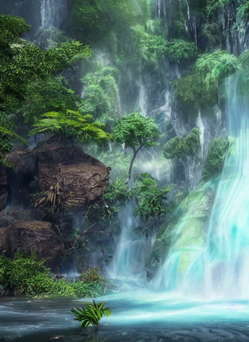 Prompt: epic jungle turquoise waterfall, highly detailed, mist, god rays, cinematic, cinematic lighting, octane render, ultra details, painting by Fred church, 8K
