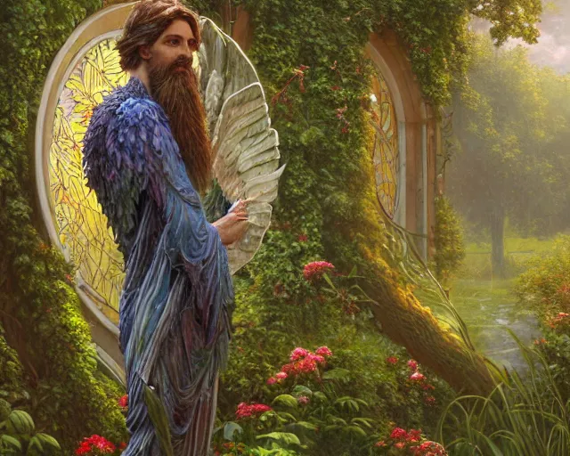 Image similar to a majestic winged male garden angel with a mossy beard, he is covered in vines and flowers standing in front of a beautiful cottage, a painting by thomas canty and thomas kincade and ross tran, art nouveau, atmospheric lighting, trending on artstation