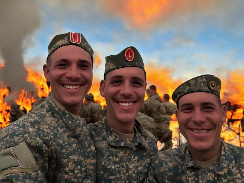 Image similar to a smiling soldier taking a selfie in front of fire, war scenery, surrealism aesthetic