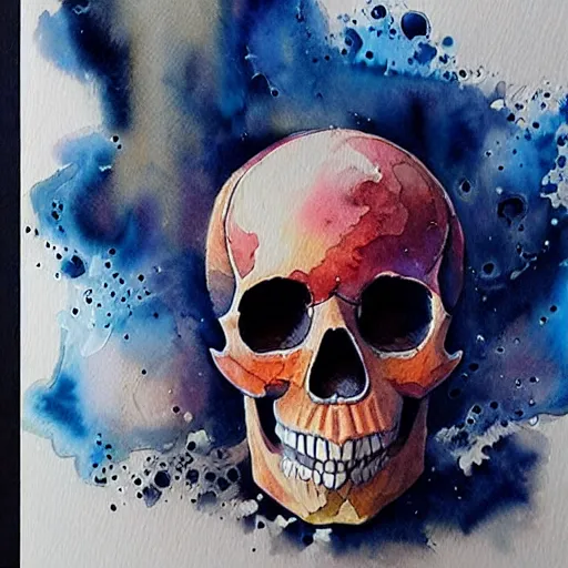 Image similar to watercolor art on paper, skull with explosions all around, highly detailed, artstation, masterpiece, award - winning