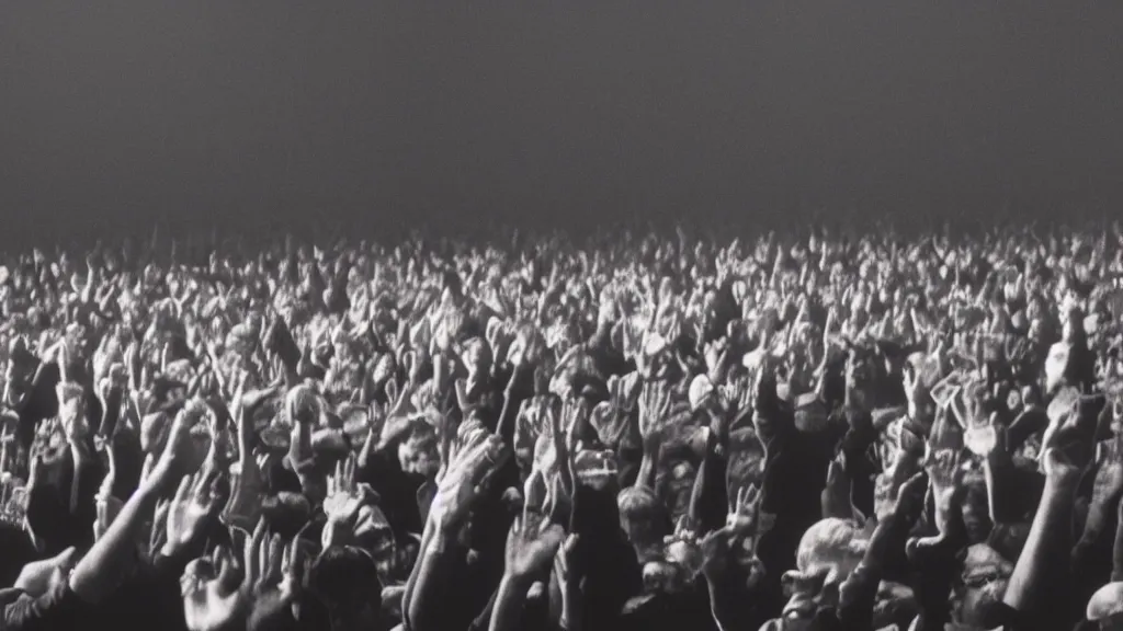 Image similar to movie still of a crowd waving hands saying good morning, cinematic composition, cinematic light, by david lynch
