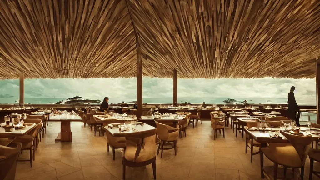 Image similar to restaurant where it looks like your walking on water, film still from the movie directed by Denis Villeneuve with art direction by Salvador Dalí, wide lens