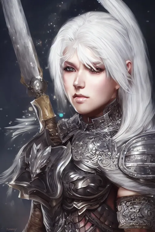 Image similar to A realistic anime portrait of a white haired female barbarian wearing an intricate armor, digital painting, by Stanley Artgerm Lau, Sakimichan, WLOP and Rossdraws, digtial painting, trending on ArtStation, SFW version