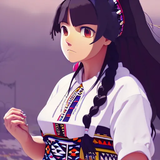 Image similar to a beautiful! plus sized native women instagram model, brown skin, wearing elegant catholic school girl designer fashion with mayan pattern and native style, aztec street fashion, gapmoe yandere grimdark, trending on pixiv fanbox, painted by greg rutkowski makoto shinkai takashi takeuchi studio ghibli, akihiko yoshida