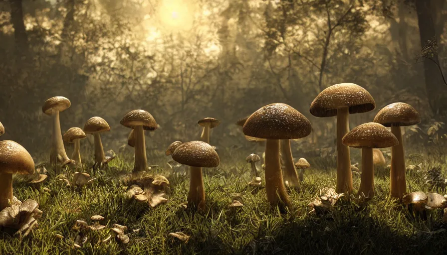 Prompt: hyper realistic highly detailed nature photography of mushroom infested skeleton zombies, prehistoric planet, volumetric lighting, octane render, 4 k resolution, golden hour