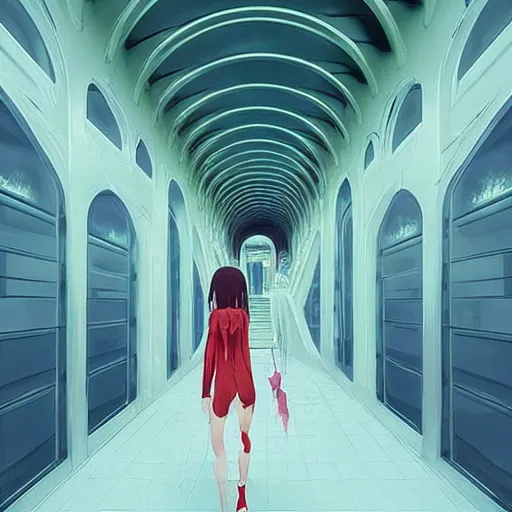 Prompt: a stunningly beautiful slimegirl woman in a bright white hallway with many doors and many stairs, Mc Escher architecture, epic composition, by Makoto Shinkai