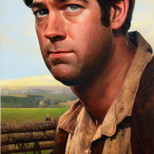 Image similar to ultra realistic portrait painting of john krasinski as farmer, art by frank frazetta, 4 k, ultra realistic, highly detailed, epic lighting