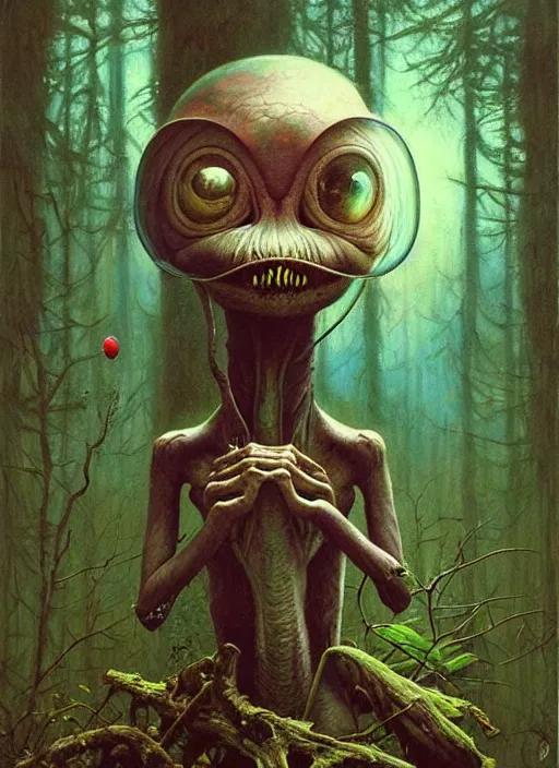 Image similar to cute alien in the woods by a river gorgeous lighting, lush forest foliage blue sky a hyper realistic painting by chiara bautista and beksinski and norman rockwell and greg rutkowski, tom bagshaw weta studio, and lucasfilm