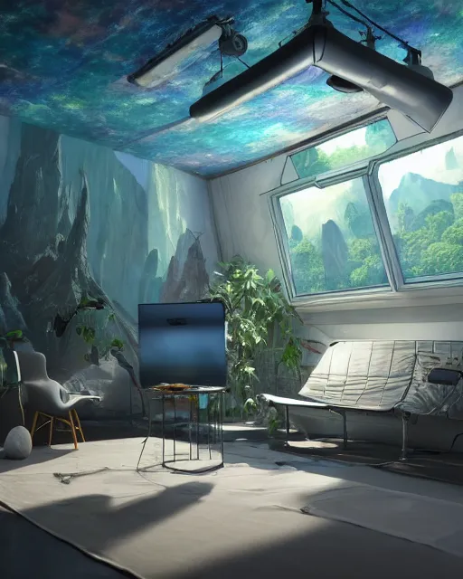 Image similar to artstation scifi scene of a safe room as ikea ad, lounge furniture, sky mural on the room ceiling, holographic nature art walls, large terrarium, paneled walls, unreal engine 5, hyper realism, realistic shading, cinematic composition, blender render, octane render, hdr, detailed textures, photorealistic, wide shot