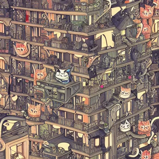 Image similar to crazy cat apartments, extremely detailed, sharp focus, wide view, full body shot, smooth, digital illustration, by james jean, by rossdraws, frank franzzeta, mcbess, sakimichan