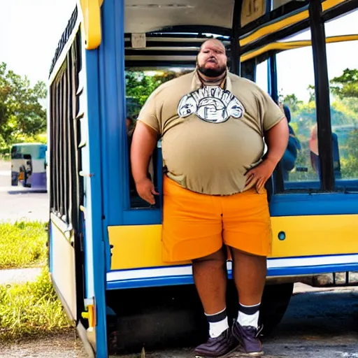 Prompt: overweight african american male school bus driver with dreads, wearing shorts with chubby legs, big moe, symmetric face, photo, posing in front of schoolbus