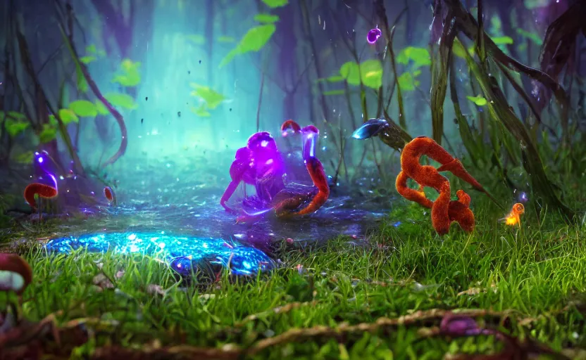 Image similar to foxfire fungi, fireflies, expressive eyes, floating, rbc, radiolaria, protophyta, micro - organisms, center frame, symmetric, rim light, marine microbiology, bioluminescence, electric, fur, soft, concept art, intricate details, highly detailed, colorful, photorealistic, disney pixar, octane render