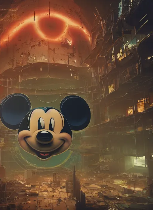 Prompt: giant destroyed head of cyberpunk mickey mouse surrounded by engineers, inside of abandoned netflix office, by beeple, dystopia, golden ratio, octane render, redshift, trending on artstation, 8 k