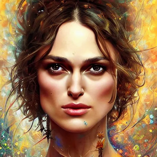 Prompt: Keira Knightley Portrait by Lisa Frank, Karol Bak Sandra Chevrier and GMUNK, beautiful digital art