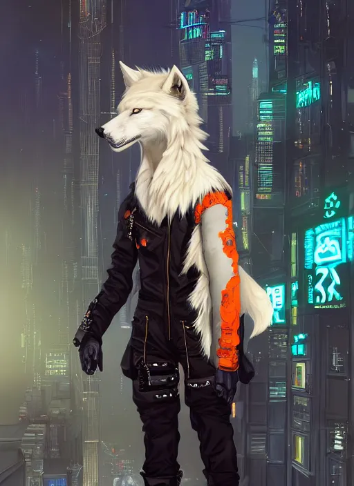 Image similar to award winning beautiful portrait commission of a male furry anthro albino wolf fursona with a tail and a cute beautiful attractive detailed furry face wearing stylish black, orange and blue cyberpunk biker clothes standing on top of a high rise in a cyberpunk city at night while it rains. Character design by charlie bowater, ross tran, artgerm, and makoto shinkai, detailed, inked, western comic book art