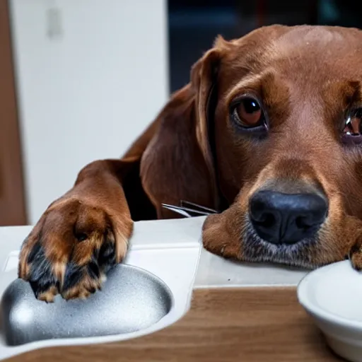 Prompt: a very sharp photo of a dog looking bored while doing the dishes