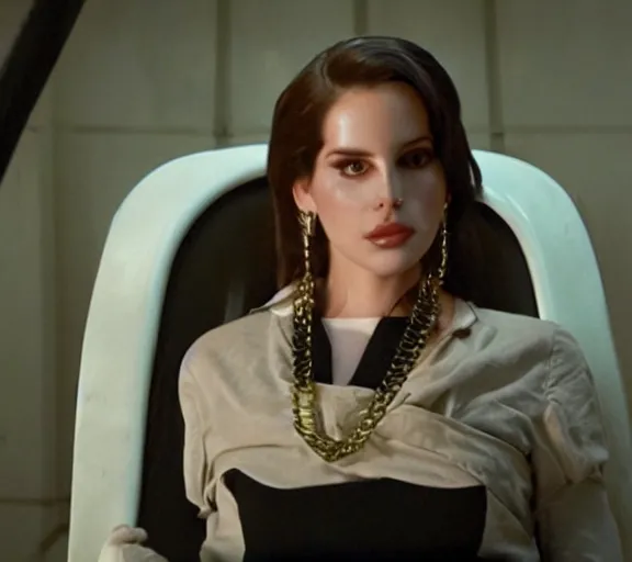 Image similar to a movie still of lana del rey as a handcuffed prisoner with a chain around her neck bonded to a chair in the movie star wars