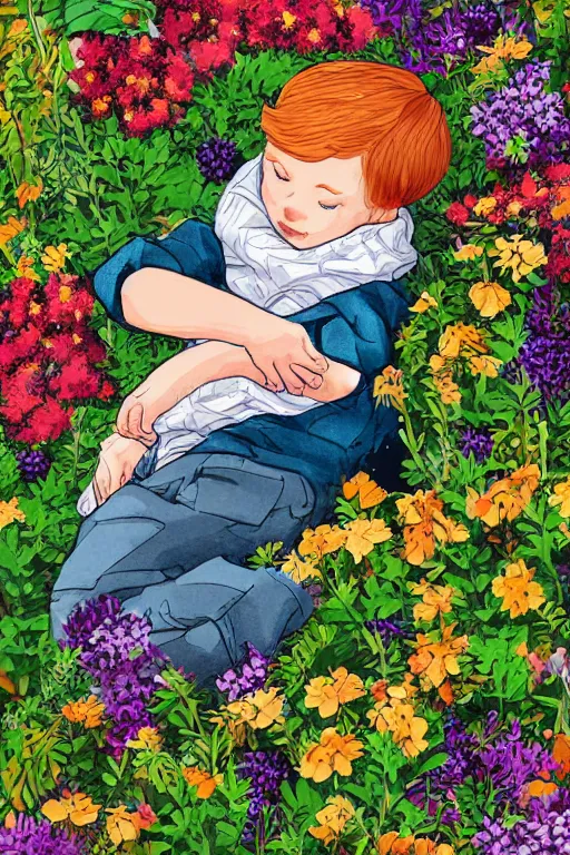 Prompt: a little boy with ginger hair curled up asleep in a lovely garden of flowers. clean elegant simple illustration, beautiful detailed face.