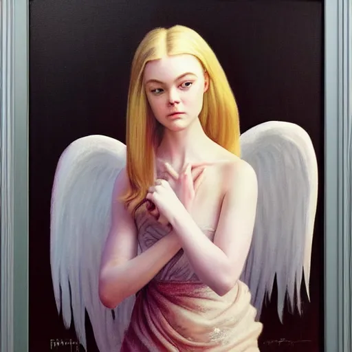 Prompt: ultra realistic portrait painting of elle fanning as an angel, art by frank frazetta, 4 k, ultra realistic, highly detailed, epic lighting