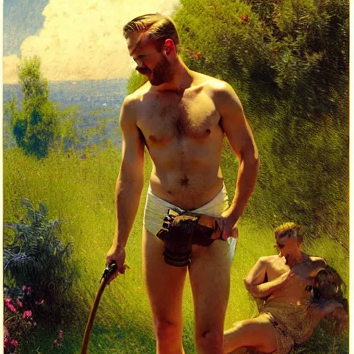 Prompt: ryan gosling mowing a lawn, sunlight glistens on his sweaty skin, painting by gaston bussiere, craig mullins, j. c. leyendecker, tom of finland