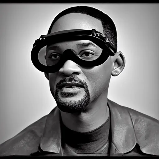 Image similar to will smith wearing big steampunk googles, photo by steve henderson