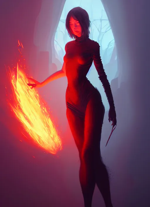 Prompt: satan daughter, wearing, outfit, clothes, full body, fire, hell, lightning, pyromancer, intricate, elegant, highly detailed, digital painting, artstation, concept art, smooth, sharp focus, illustration, ethereal, misty, by ilya kuvshinov and jeremy mann, 8 k, octane render
