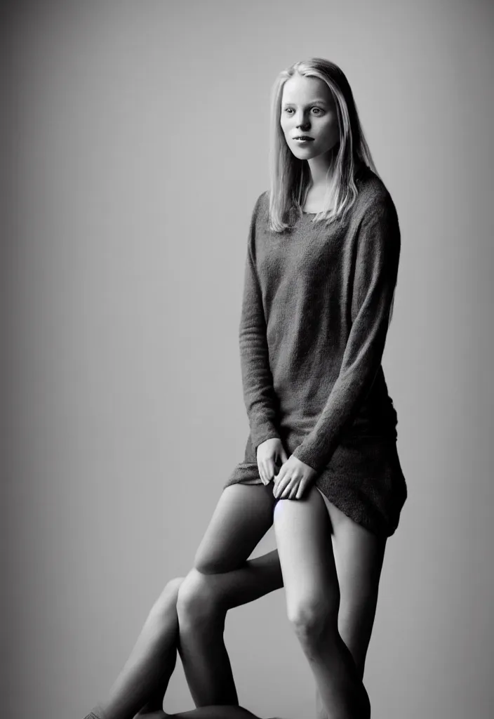 Prompt: portrait of a beautiful young scandinavian woman. casual clothing. studio photo by annie leibovitz.