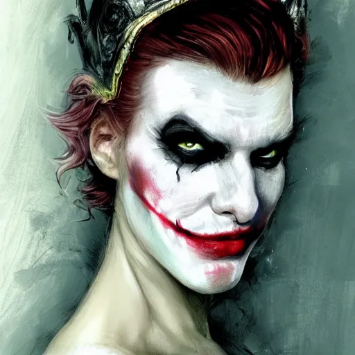 Image similar to joker as an attractive young smiling woman played by milla jovovich wearing a mushroom crown and heavy armoured wedding dress, face portrait, hd shot, digital portrait, elegant, beautiful, fantasy art, artstation, comic style, by artgerm, guy denning, jakub rozalski, magali villeneuve and charlie bowater