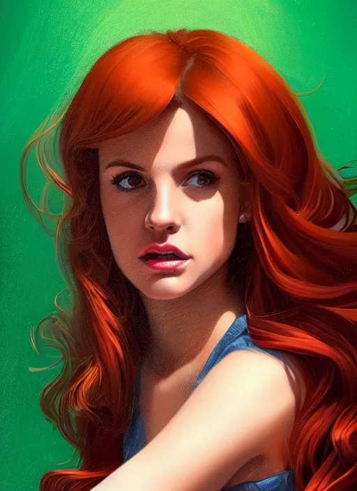 Image similar to full body portrait of teenage cheryl blossom, bangs, green eyes, mischievous expression, red hair, sultry smirk, bangs and wavy hair, intricate, elegant, glowing lights, highly detailed, digital painting, artstation, concept art, smooth, sharp focus, illustration, art by wlop, mars ravelo and greg rutkowski