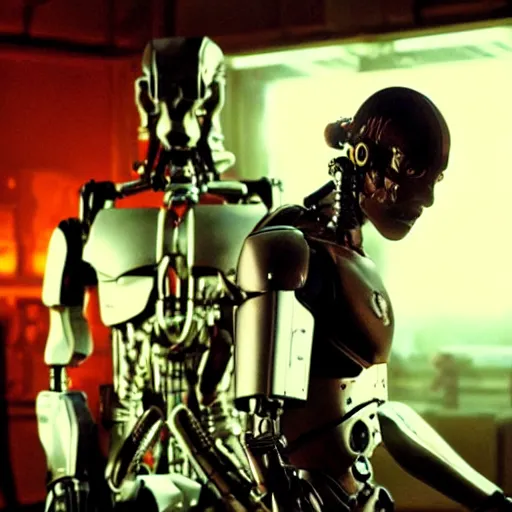 Prompt: movie still of a cool cyborg, cinematic composition, cinematic light, by edgar wright and david cronenberg