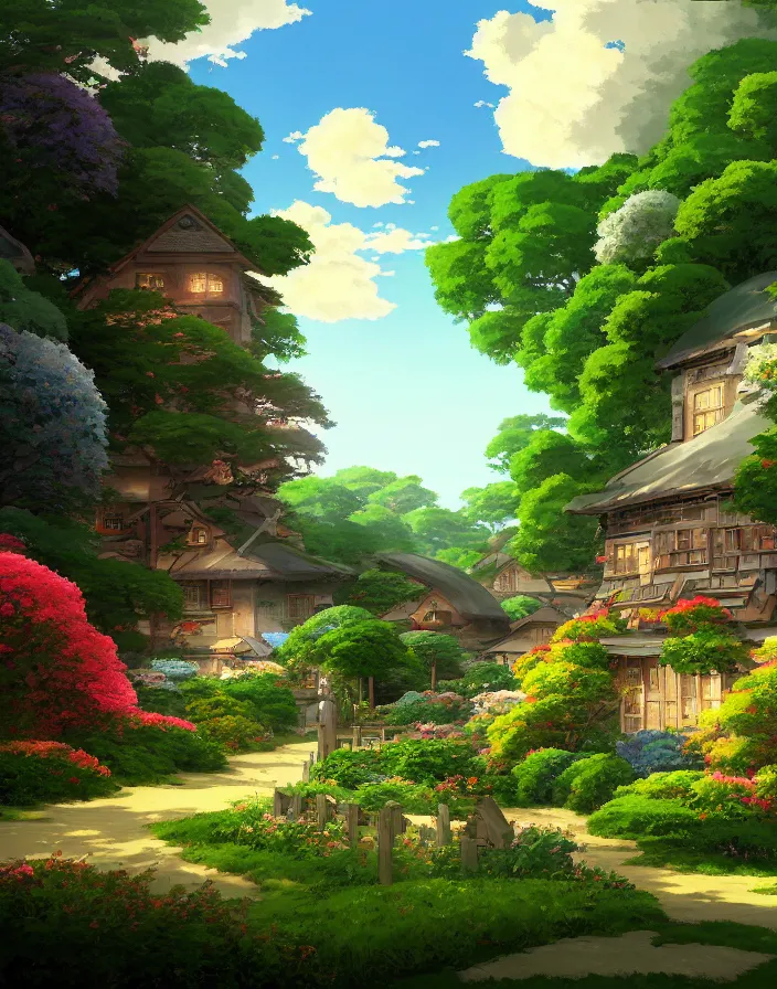 Image similar to studio ghibli, flowery cottage, in a flying city, solar, green technology, optimist future by asher durand.