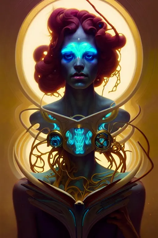 Image similar to portrait, bioluminescent druid, cyberpunk, elegant baroque, asymmetrical art, hyperrealism, colorful, vivid, imposing, epic, abstract texture, gold leaf texture, artstation, concept art, by peter mohrbacher and wlop and rhads and artgerm and magali villeneuve and alphonse mucha