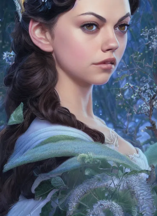 Image similar to beautiful young mila kunis as snow white princess disney, closeup, d & d, fantasy, intricate, elegant, highly detailed, digital painting, artstation, concept art, matte, sharp focus, illustration, art by artgerm and greg rutkowski and alphonse mucha