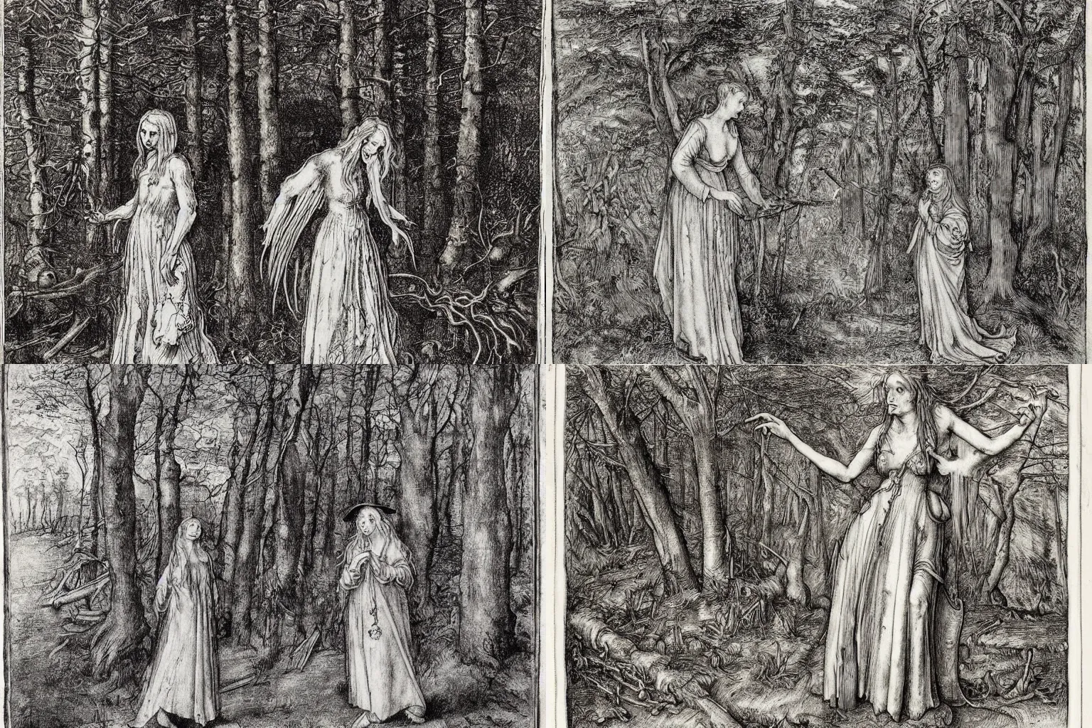 Prompt: a witch in a white dress, with hooves and wings, stands in a gloomy forest and looks at me, centered, high detailed, wikiart, drawn by durer