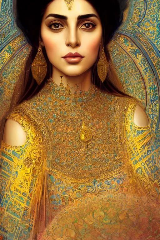 Image similar to Beautiful portrait of a Persian Princess who is an architect, beautiful princess, face painting, architecture, persian style architecture, dramatic lighting, intricate, wild, highly detailed, digital painting, artstation, concept art, smooth, sharp focus, illustration, gold+yellow+white+Turquoise, art by artgerm and greg rutkowski and alphonse mucha, footage from space camera