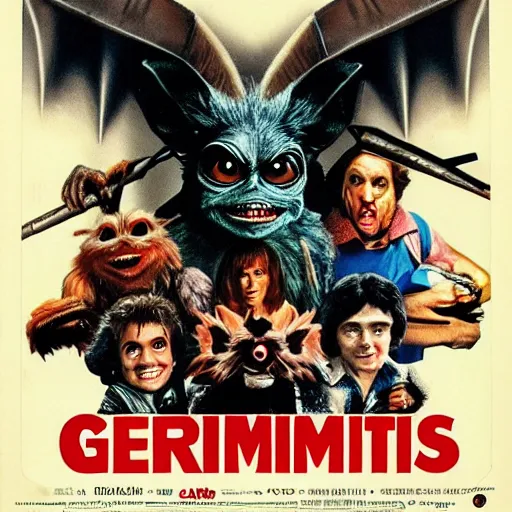 Prompt: 1980s movie theatre poster for a Gremlins movie sequel starring Geralt of Rivia