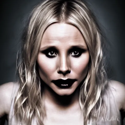 Image similar to Kristen Bell as a demon in heaven, grungy, unkept hair, glowing eyes, modelsociety, radiant skin, huge anime eyes, RTX on, bright on black, dramatic, studio lighting, perfect face, intricate, Sony a7R IV, symmetric balance, polarizing filter, Photolab, Lightroom, 4K, Dolby Vision, Photography Award
