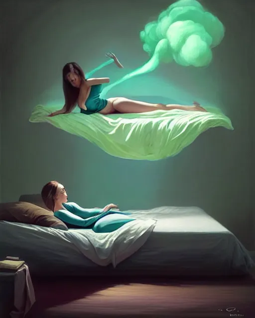 Prompt: a woman floating abover her bed at night, astral projection, green smoke?..! surreal concept art, lifelike, photorealistic, digital painting, aesthetic, smooth, sharp focus, artstation hd, artgerm and by greg rutkowski, bruce pennington, valentina remenar, rhads, asher duran,