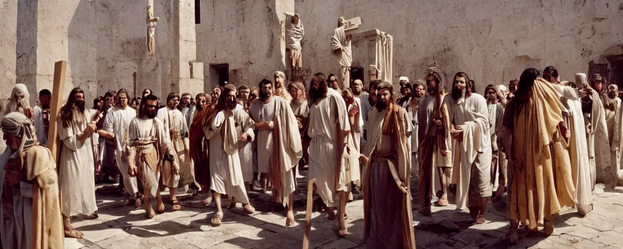 Prompt: jesus being led to the cross made of spaghetti, ancient rome, architectural, minimal, canon 5 0 mm, wes anderson film, kodachrome, retro