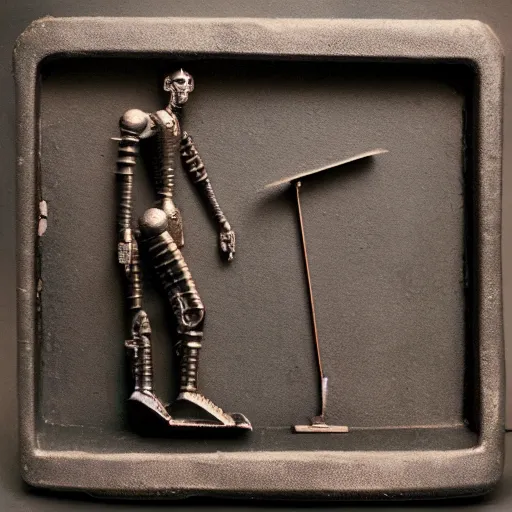 Image similar to humanoid robot, ancient greek humanoid robot, bronze robot, sleek robot, ancient alexandria, heron of alexandria working on robot, tintype photograph