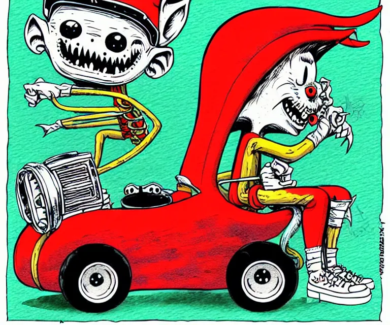Prompt: cute and funny, horror - elf, wearing a helmet, driving a hotrod, oversized enginee, ratfink style by ed roth, centered award winning watercolor pen illustration, isometric illustration by chihiro iwasaki, the artwork of r. crumb and his cheap suit, cult - classic - comic,