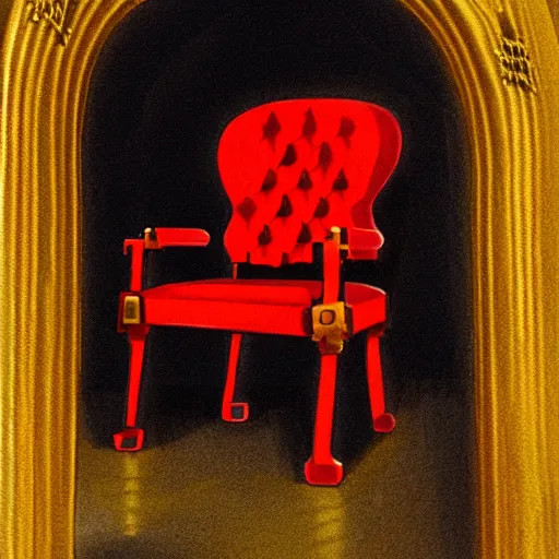 Image similar to a red chair surrounded by sinister and sinuous tools made of gold at the end of a black stone hallway