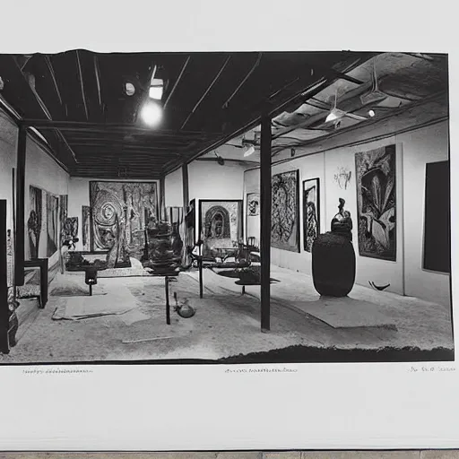 Image similar to A black and white screen print of gallery exhibition view from the 60s, anthropology, colonial, wild, exotic, artifacts, pedestal, ethnography, screen printing